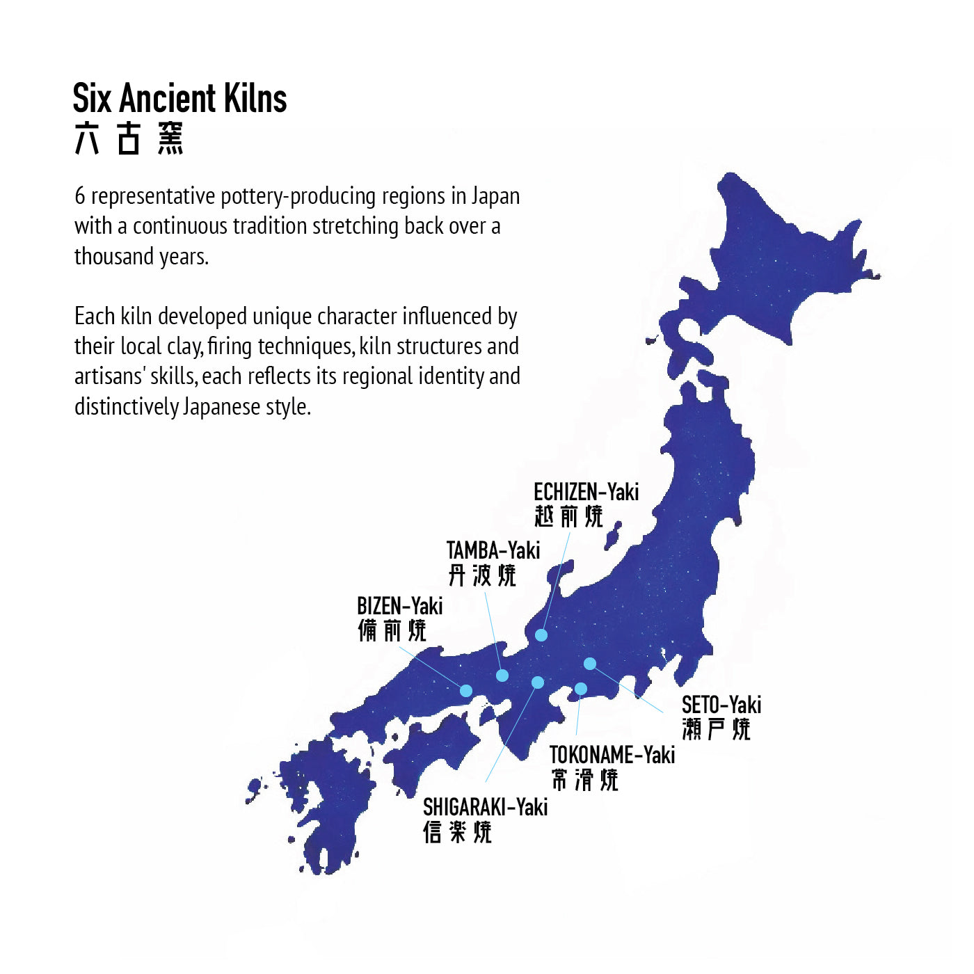 Locations of the 6 ancient kilns in Japan showing on a map