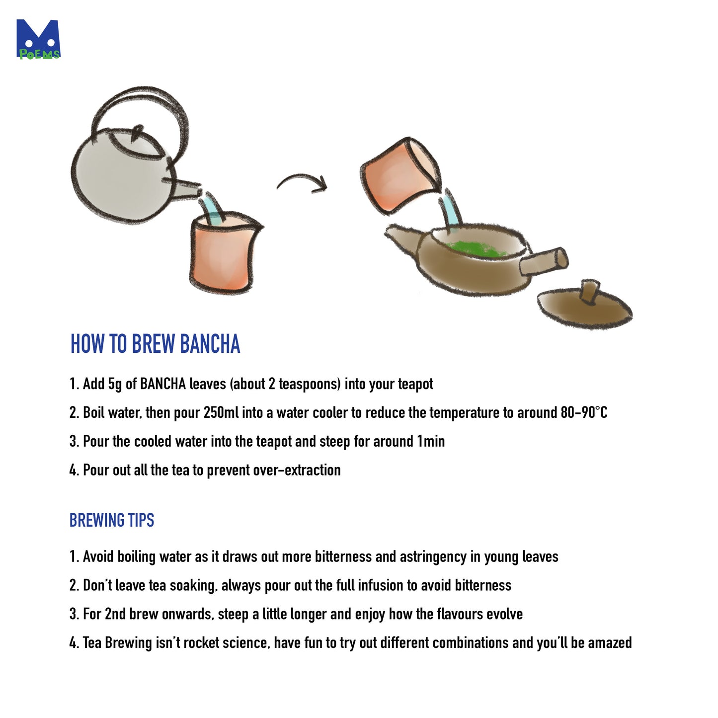 Illustration of tea brewing process with text on how to brew Bancha tea.