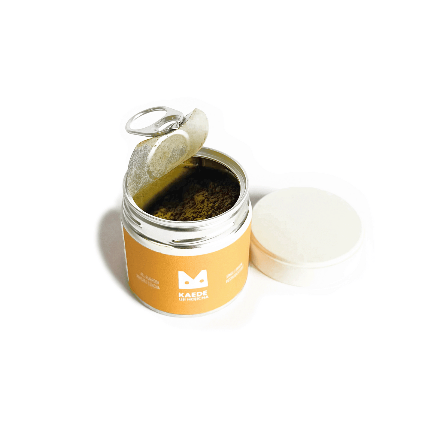 Close-up of Kaede Hojicha powder inside its can, showing rich brown color and distinctive roasted texture characteristic