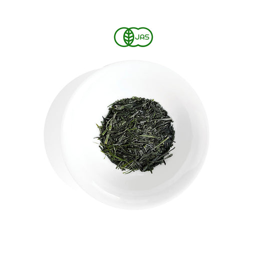 KIKYO Green tea leaves in a white bowl with JAS logo on a white background