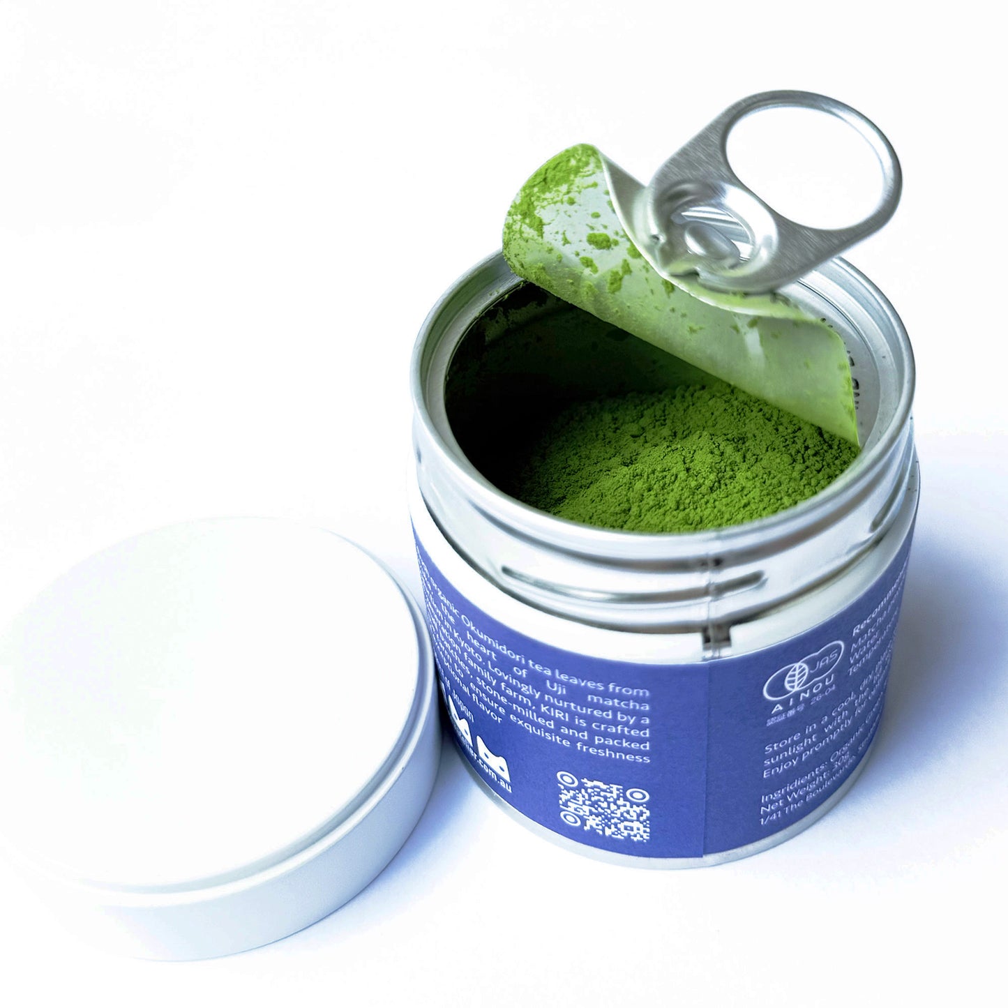 Close-up of KIRI Uji Matcha's brilliant emerald colour inside the can