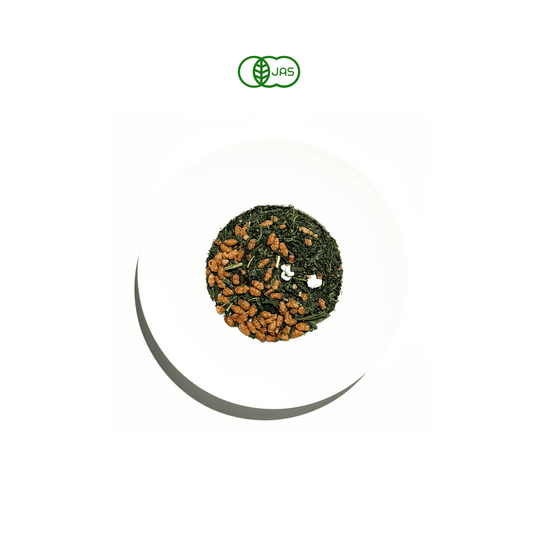 KUNUGI Green tea leaves with brown rice on a white background, featuring the JAS logo