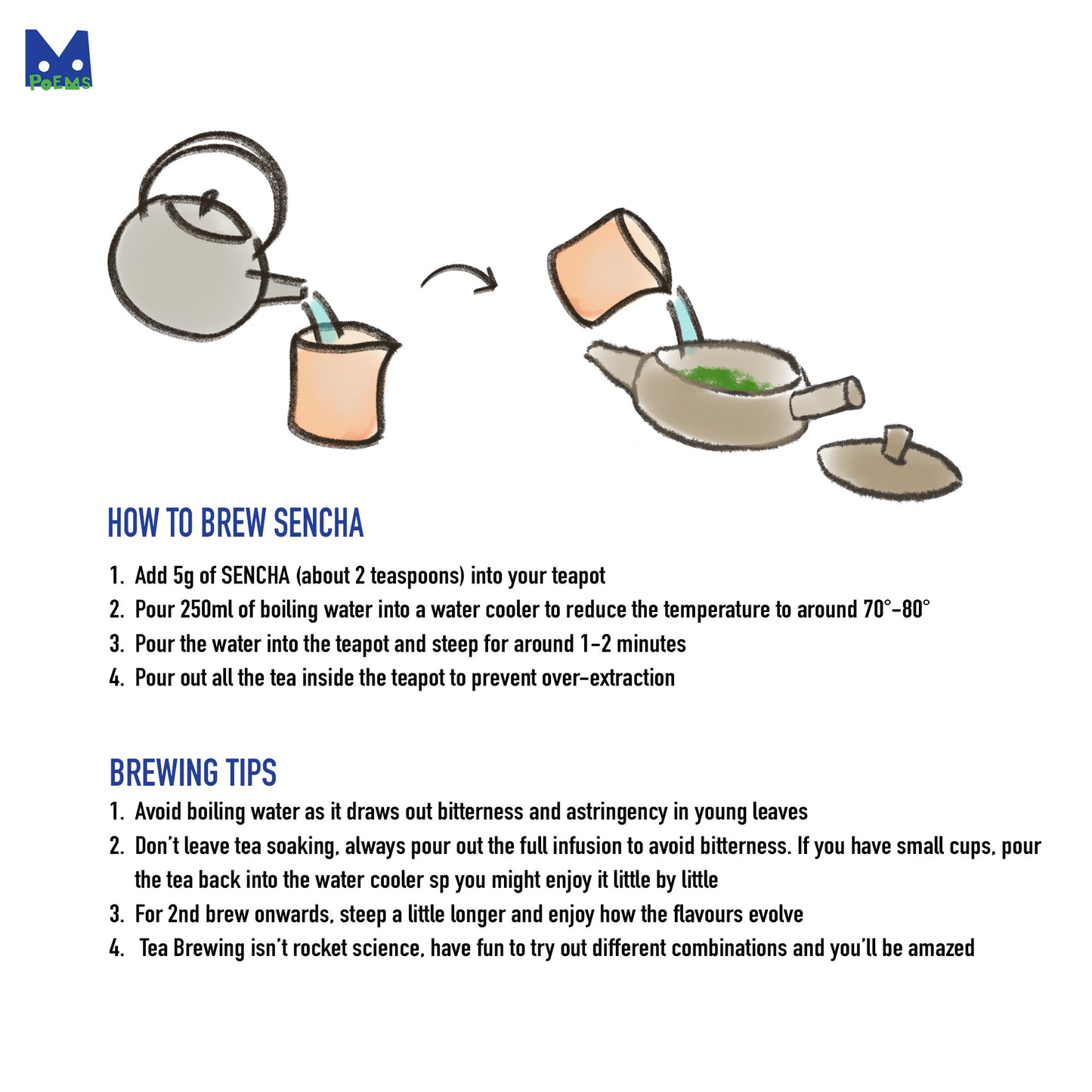 Illustration of a teapot and cups with brewing instructions for Sencha tea.