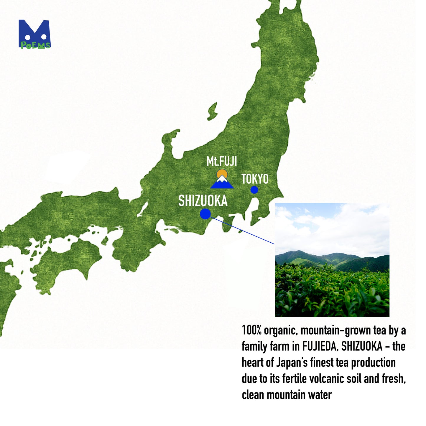 Map of Japan highlighting Shizuoka with a tea plantation image and text about organic mountain-grown tea.