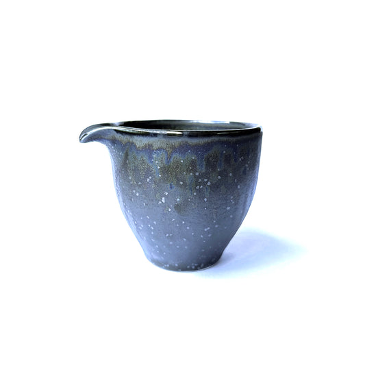 KOSAI handmade ceramic water cooler  with a speckled blue and gray glaze, with a pouring spout on the side.