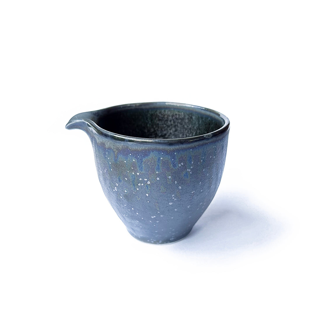 KOSAI handmade ceramic water cooler with a speckled blue and gray glaze, with a pouring spout on the side.