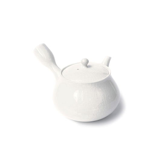 A small white ceramic teapot with a textured glaze, featuring a lid with a small knob, a curved handle, and a short spout, shown on a plain white background.