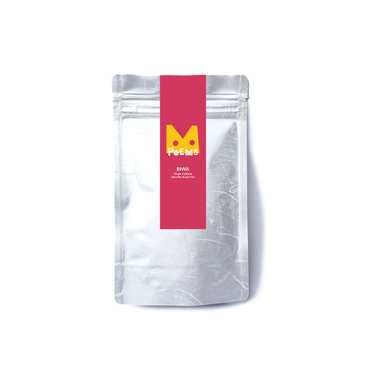 BIWA black tea in Silver packaging with a red label featuring a yellow POEMS logo on a white background