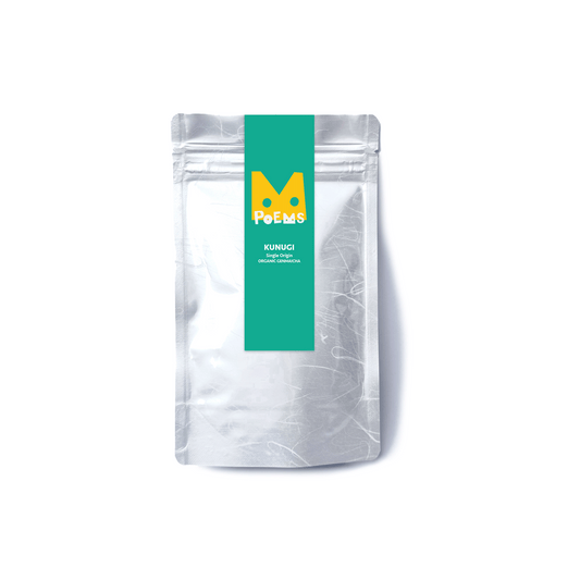 KUNUGI genmaicha tea package with a green label featuring the 'POEMS' logo