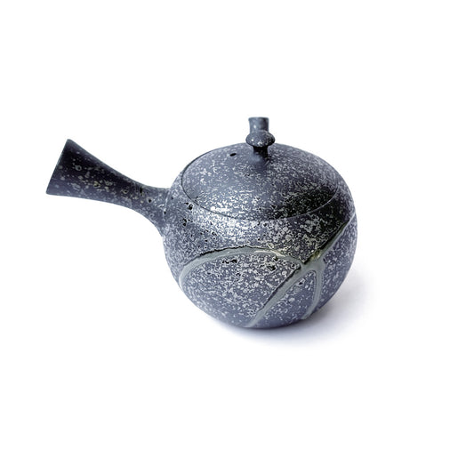 Speckled gray teapot on a white background