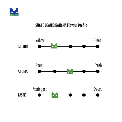 Flavor profile chart for Sugi Organic Bancha with color, aroma, and taste descriptors.