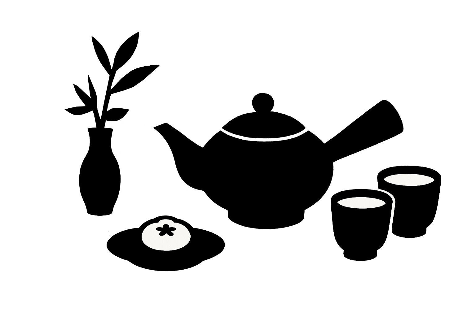 Black silhouette of a teapot, cups, and a vase on a white background