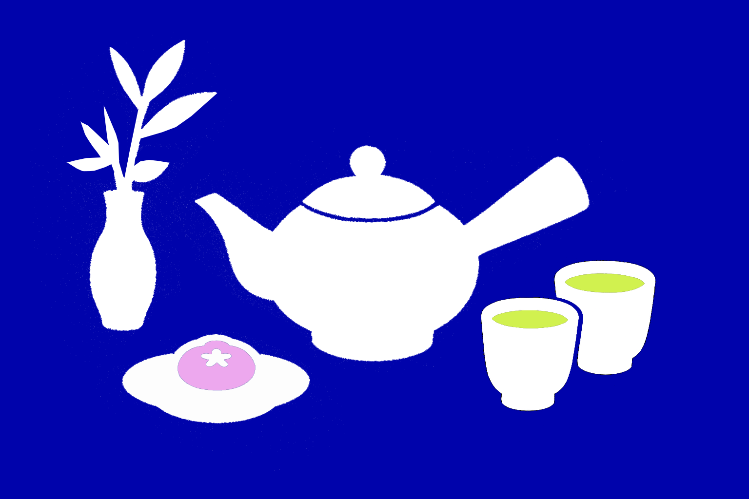 Tea set with teapot, cups, and vase on a blue background