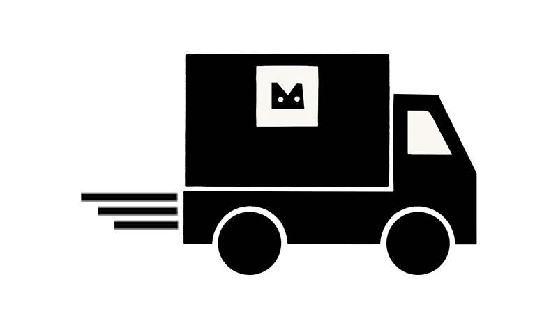 Black delivery truck icon with a logo on a white background